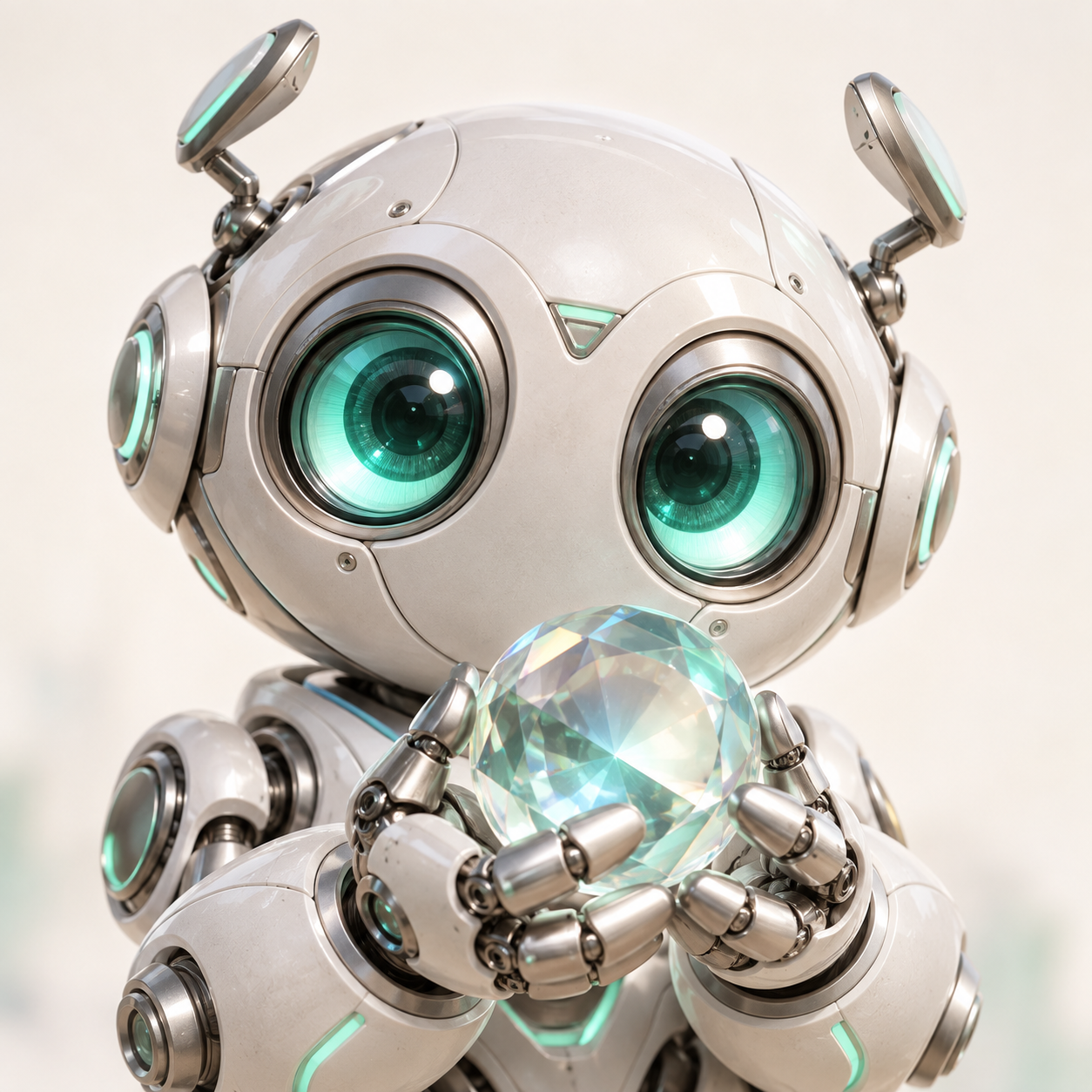 Mica, an explorer drone with turquoise optical eyes holding a crystalline lens